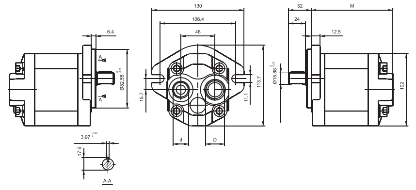 Pompa zębata grupa 2, śruby 106,4mm zamek 82,55mm, Objęto
