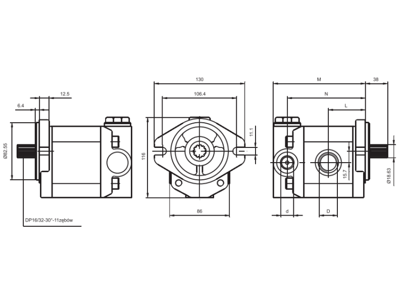 Pompa zębata grupa 2 ,śruby 106,4mm zamek 82,55mm Regulator ciśnienia, Objętość geometryczna: 4,0 cm³/obr.