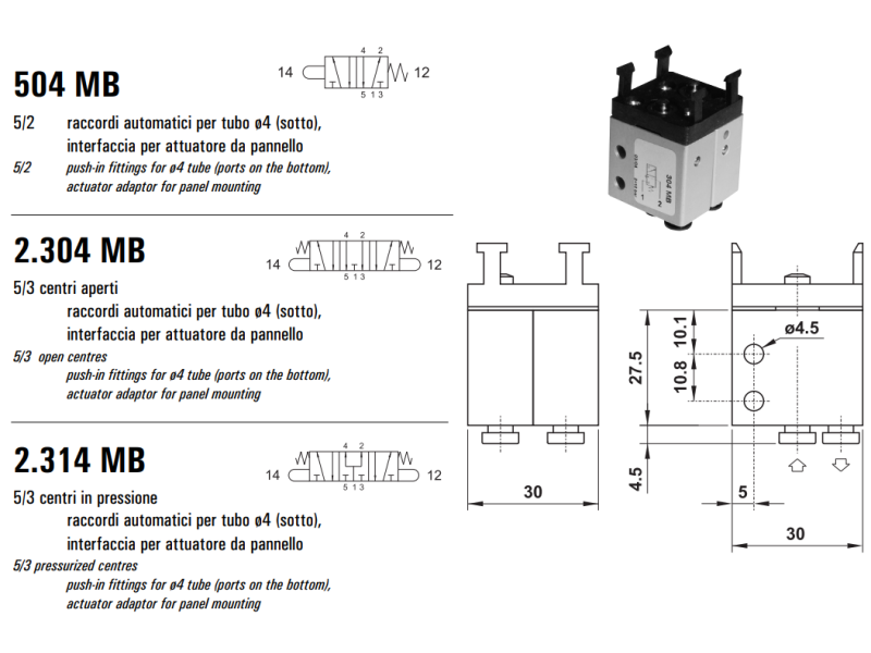 Mikrozawór MB ø4, Funkcje: Ze sprężyną powrotną., Elek