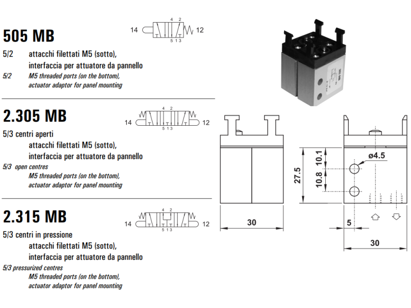 Mikrozawór MB M5, Funkcje: Ze sprężyną powrotną., Elekt