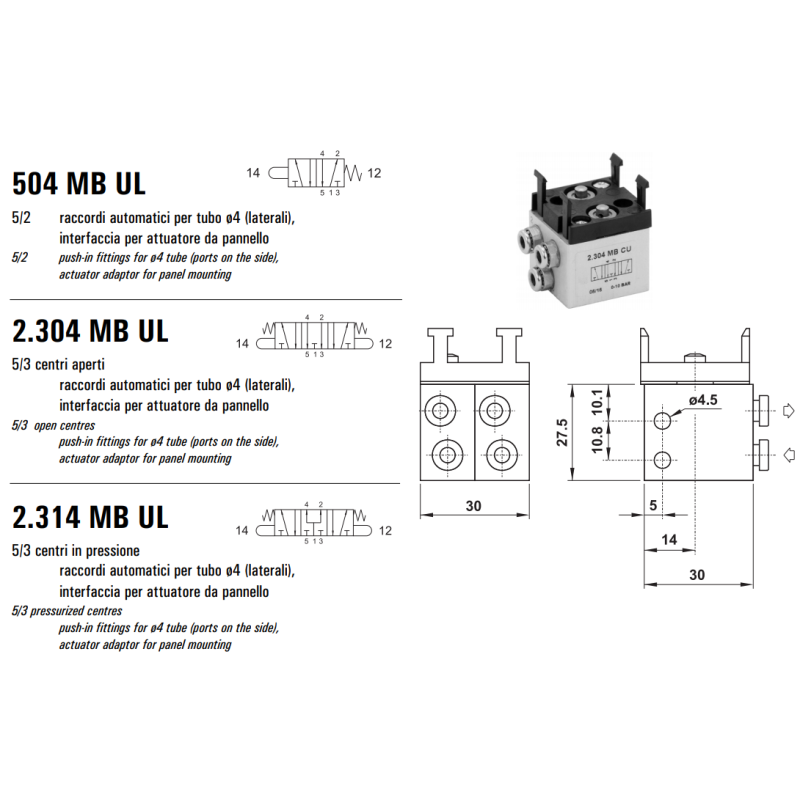 Mikrozawór MB UL  ø4, Funkcje: Ze sprężyną powrotną., 