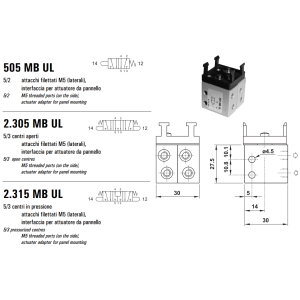 Mikrozawór MB UL M5, Elektrozawory - pozycje zaworu: 5/2, Elektrozawory - NC/NO: CC - centralnie zamknięty, Funkcje: Centrowany sprężyną Mikrozawór MB UL M5, Elektrozawory - pozycje zaworu: 5/2, E