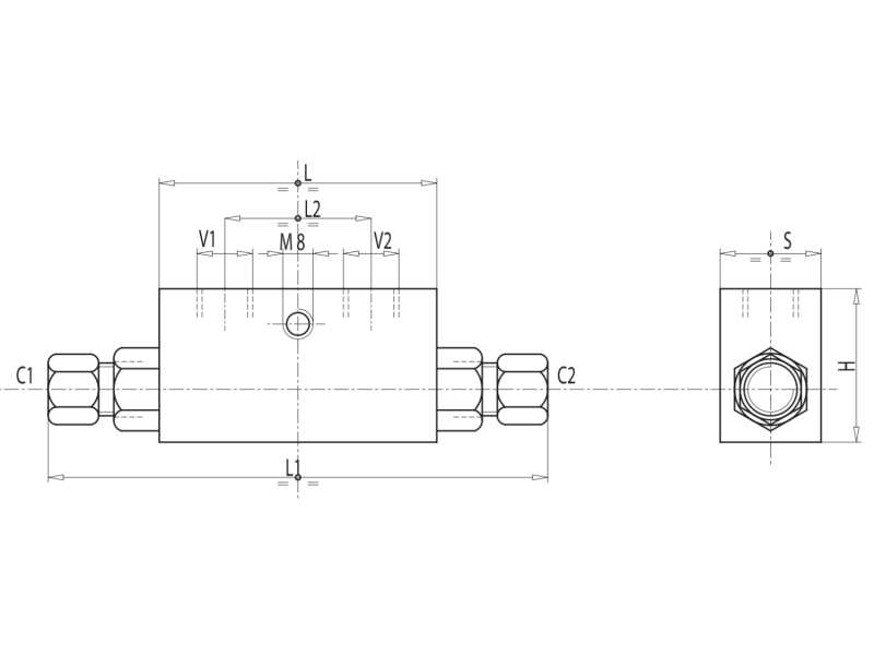 Podwójny zawór sterowany VBPDE 2 CEXC 1/4" BSPP 10L, Rozmi