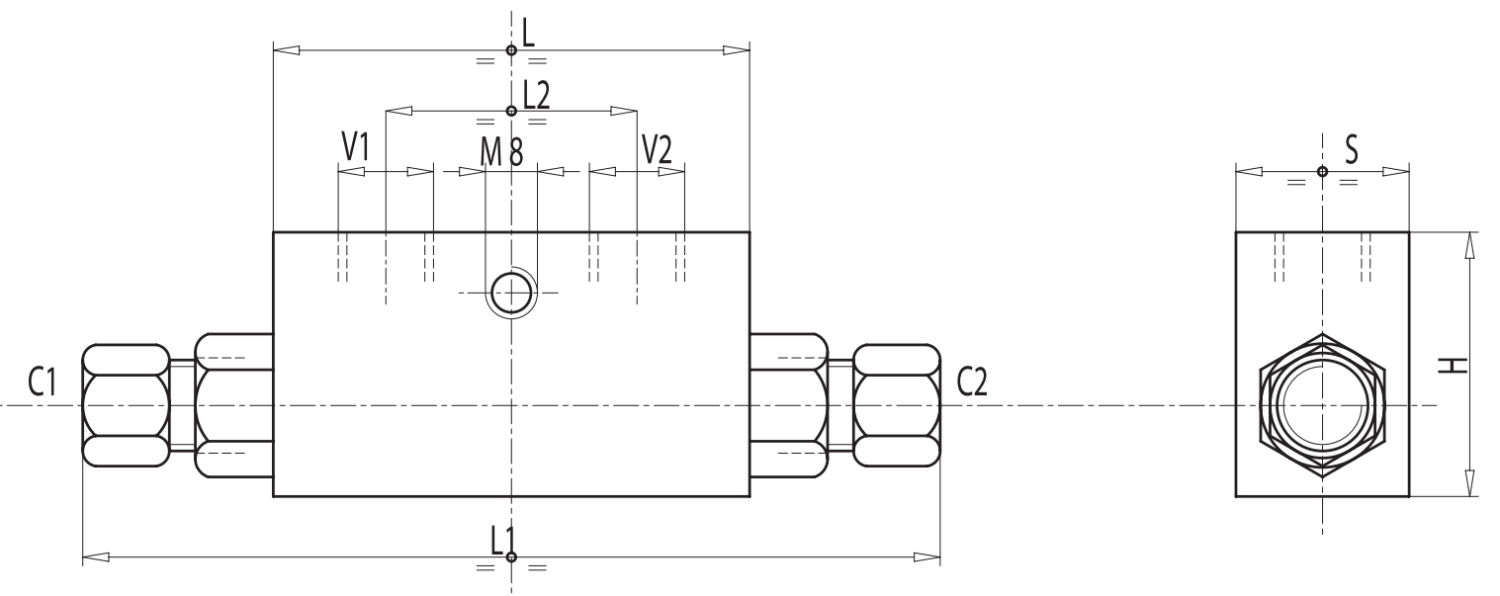 Podwójny zawór sterowany VBPDE 2 CEXC 1/4" BSPP 10L, Rozmi