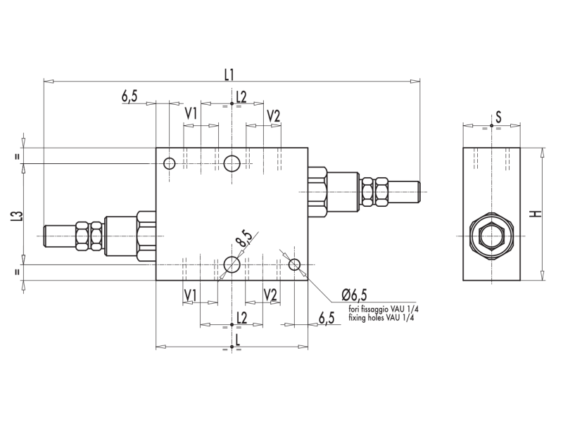 Podwójny zawór przelewowy krzyżowy VAU 1/4" BSPP, Rozmiar