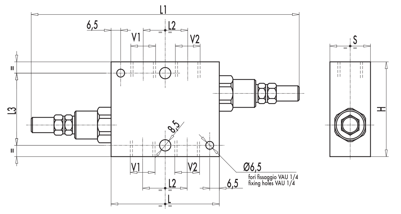 Podwójny zawór przelewowy krzyżowy VAU 1/4" BSPP, Rozmiar