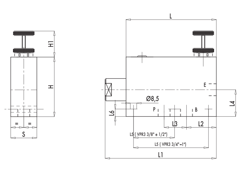 3 portowy zawór sterujący przepływem VPR3 3/8" BSPP, Rozm