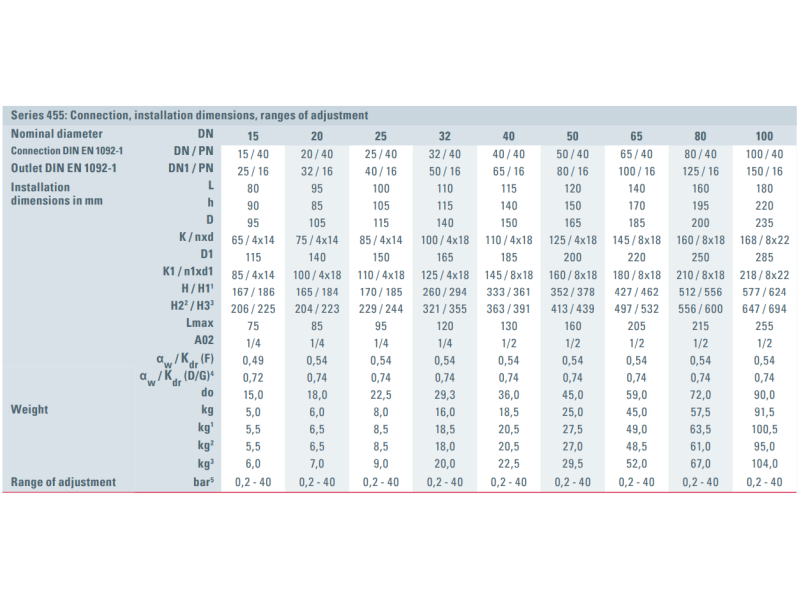 Zawór bezpieczeństwa Seria 455, Średnica nominalna DN: DN