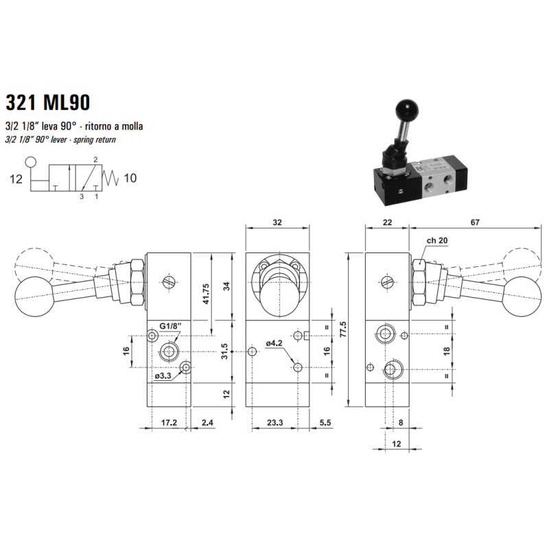 Zawór sterowany manualnie 321 ML90/LL90/CL90, Funkcje: Bez sprężyny powrotnej. 