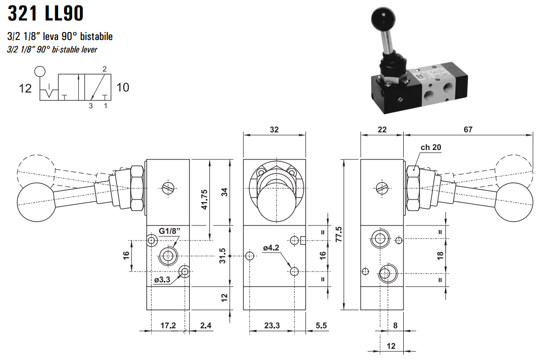 Zawór sterowany manualnie 321 ML90/LL90/CL90, Funkcje: Bez 
