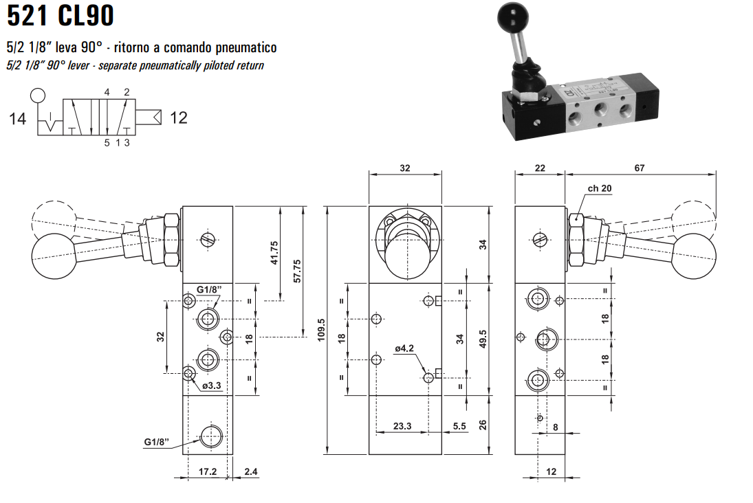 Zawór sterowany manualnie 521 ML90/LL90/CL90, Funkcje: Bez 
