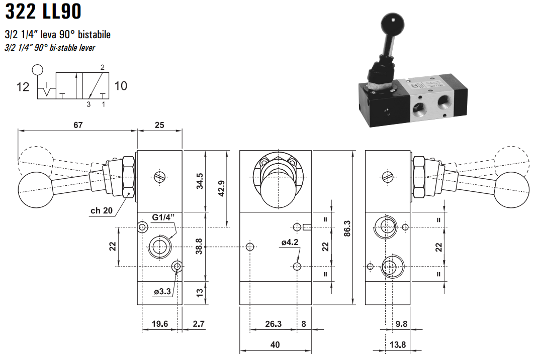 Zawór sterowany manualnie 322 ML90/LL90CL90, Funkcje: Bez s