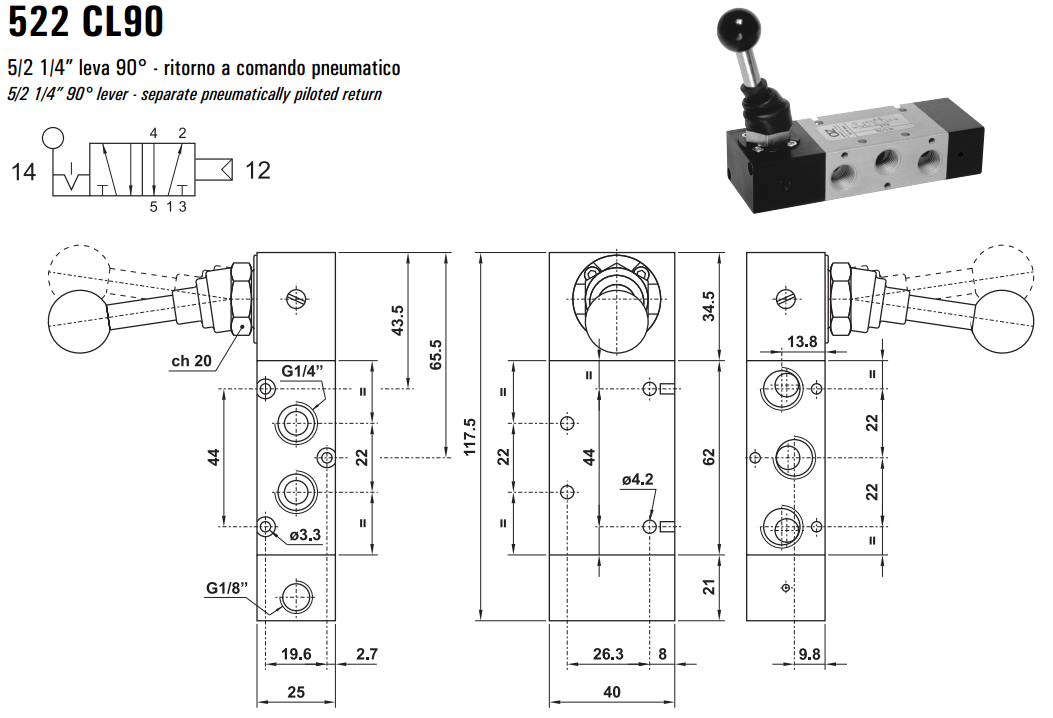 Zawór sterowany manualnie 522 ML90/LL90/CL90, Funkcje: Bez 