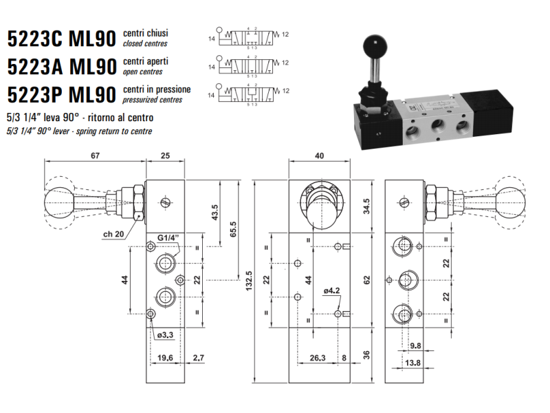 Zawór sterowany manualnie 5223 C/A/P ML90/LL90, Elektrozawory - NC/NO: CC - centralnie zamknięty