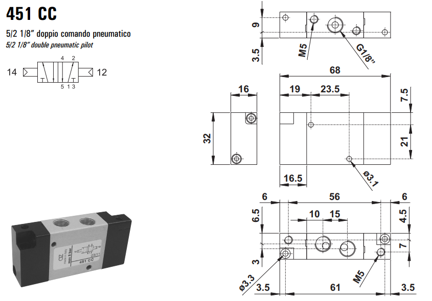 Zawór 451 MC/CC pneumatyczny 16mm