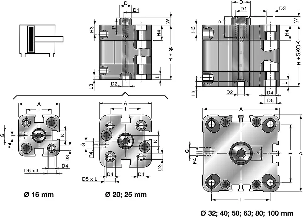 Siłownik kompaktowy ISO 21287/UNITOP SK21 z gwintem wewnęt