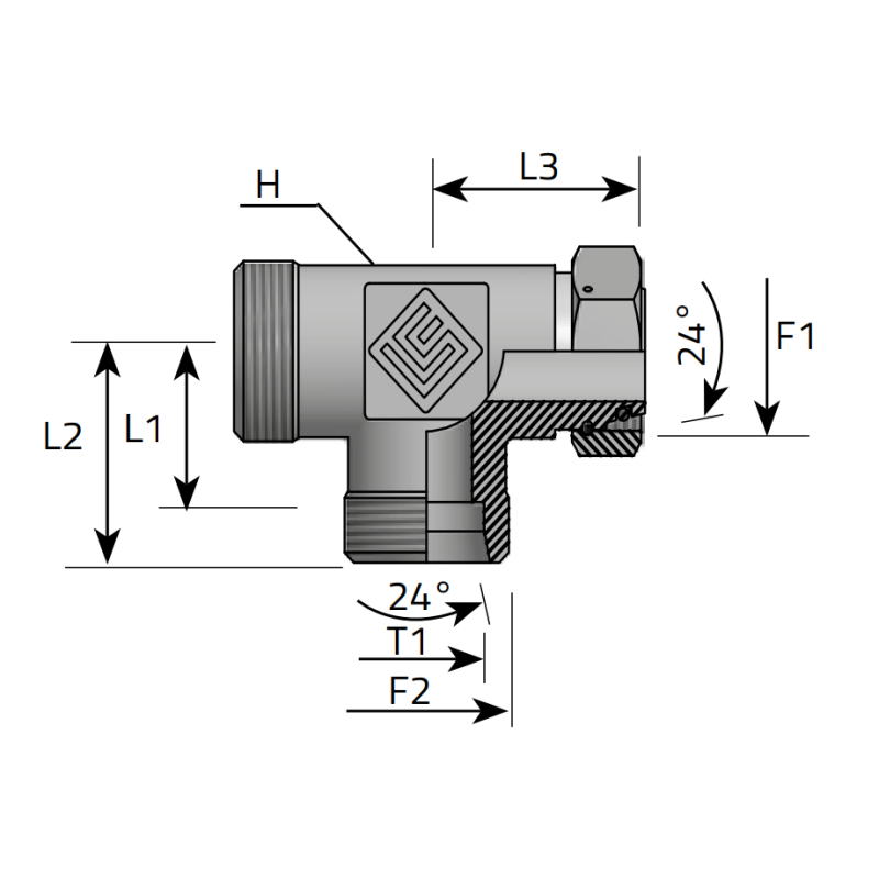 Trójnik symetryczny EL 06L M12x1,5, Materiał: Stal węglowa Cr(VI)-free/Zn-Ni, Rozmiar gwintu: 06L M12x1,5