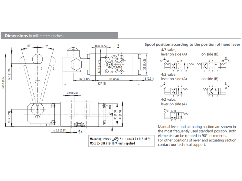 Zawór RPR3-04, Surface treatment: No designation, Seals: No designation, Typ suwaka: C11, Manual lever and actuating section position: A1, Number of valve positions: 2