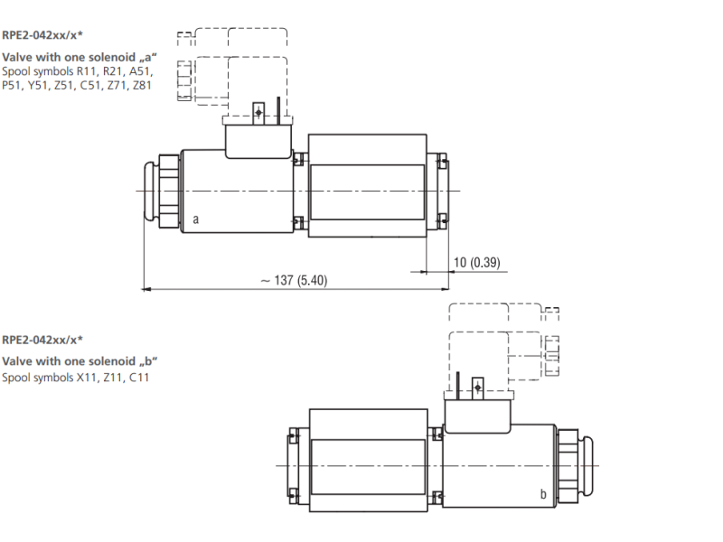 Zawór RPE2-04, Surface treatment: No designation, Typ suwaka: Z11, Number of valve positions: 2, Rated supply voltage of solenoids: 01200, Connector: E2, Mounting surface: 2