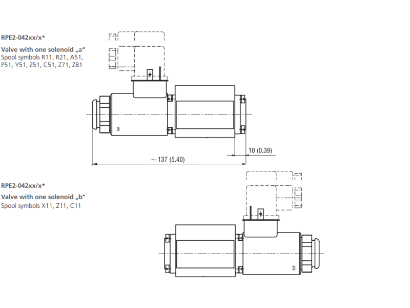 Zawór RPE2-04, Surface treatment: No designation, Typ suwaka: Z11, Number of valve positions: 2, Rated supply voltage of solenoids: 01200, Connector: E2, Mounting surface: 2