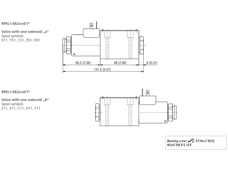 Zawór RPEL1-06, Surface treatment: No designation, Seals: V, Typ suwaka: C11, Number of valve positions: 2, Manual override: No designation, Connector: E5, Rated supply voltage of solenoids: 01400