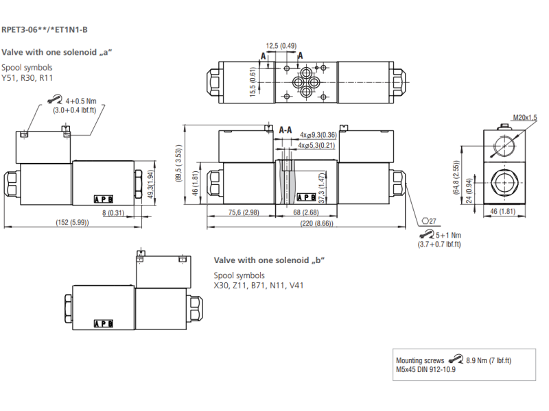 Zawór RPET3-06, Typ suwaka: C11, Number of valve positions: 2, Manual override: No designation