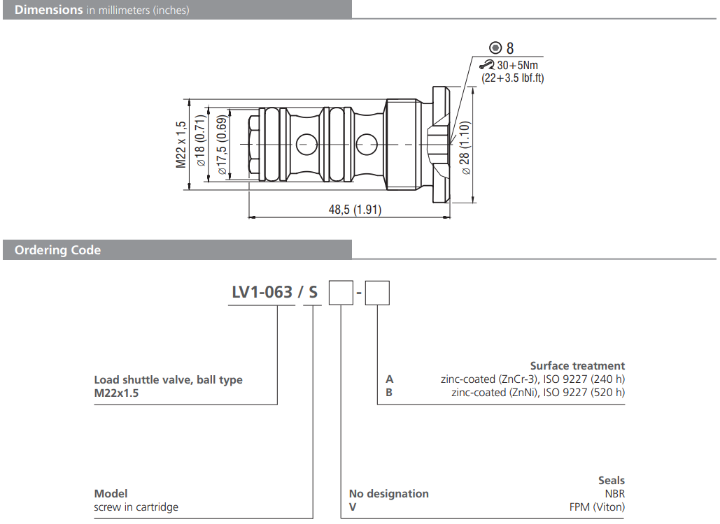 Zawór LV1-063/S, Surface treatment: A, Seals: V