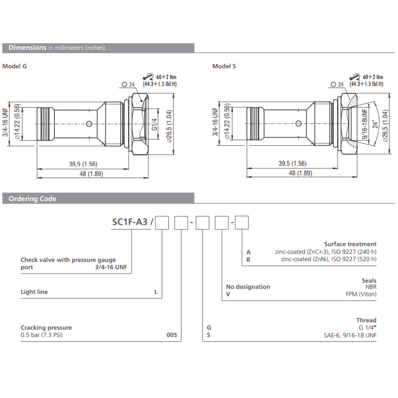 Zawór SC1F-A3, Surface treatment: A, Seals: V, Thread: G