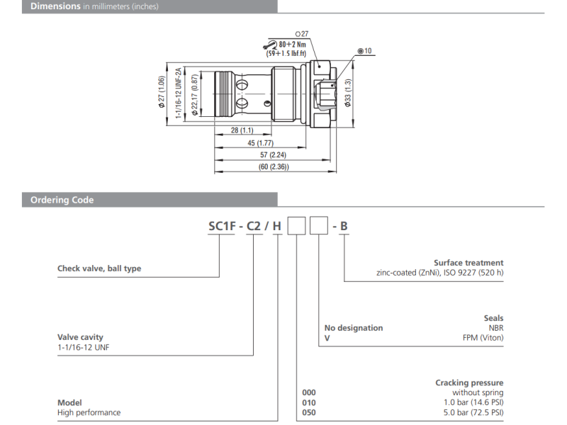 Zawór SC1F-C2, Seals: , Cracking pressure: