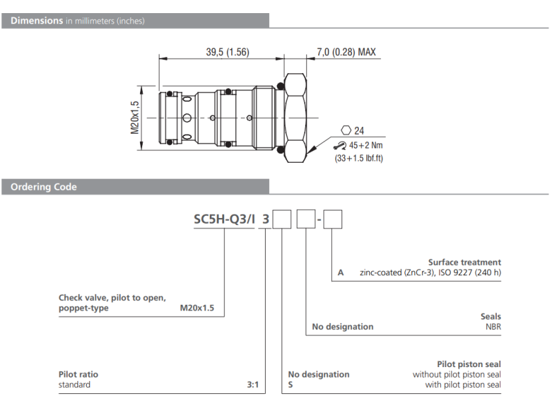 Zawór SC5H-Q3/I, Pilot piston seal: S