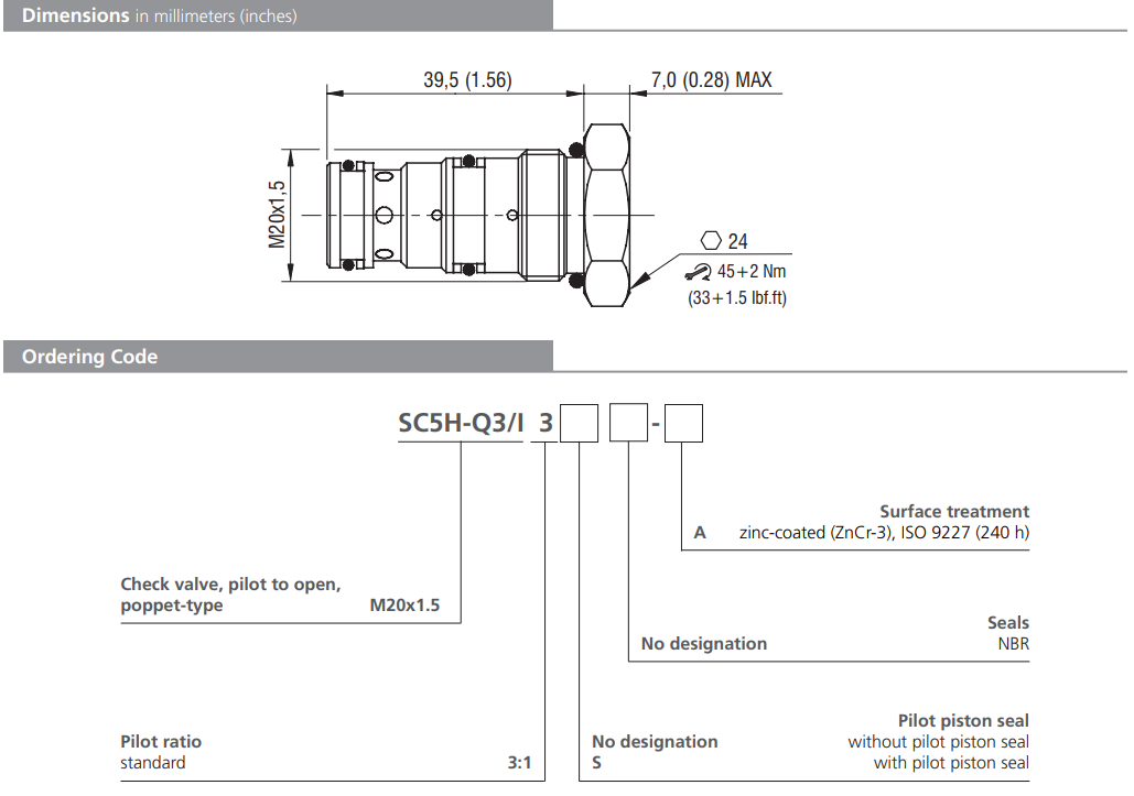 Zawór SC5H-Q3/I, Pilot piston seal: S