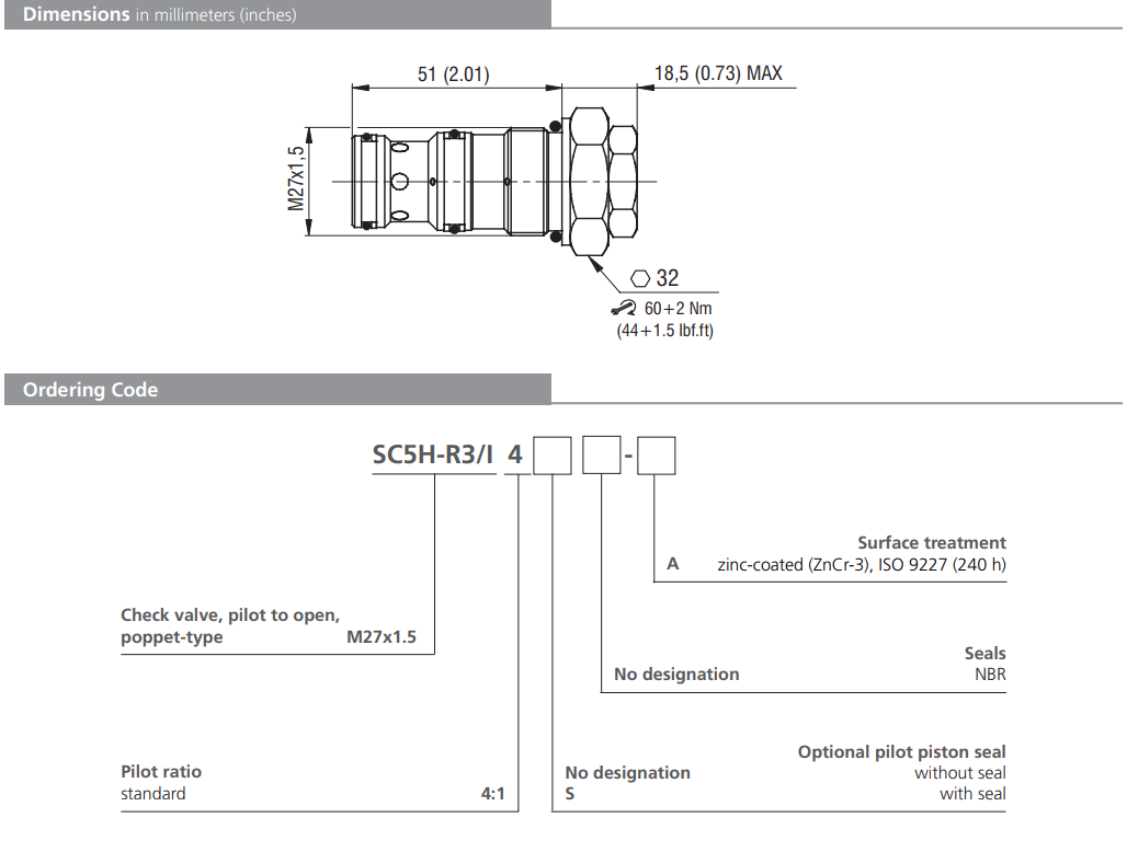 Zawór SC5H-R3/I, Pilot piston seal: S