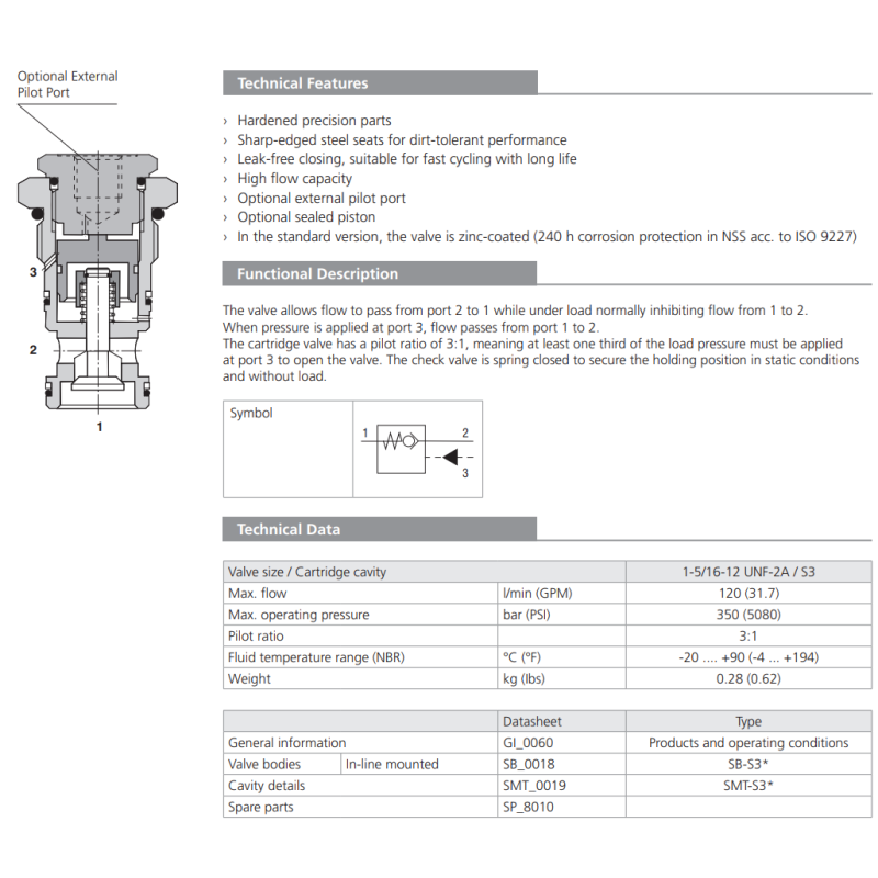 Zawór SC5H-S3/I, Pilot piston seal: S