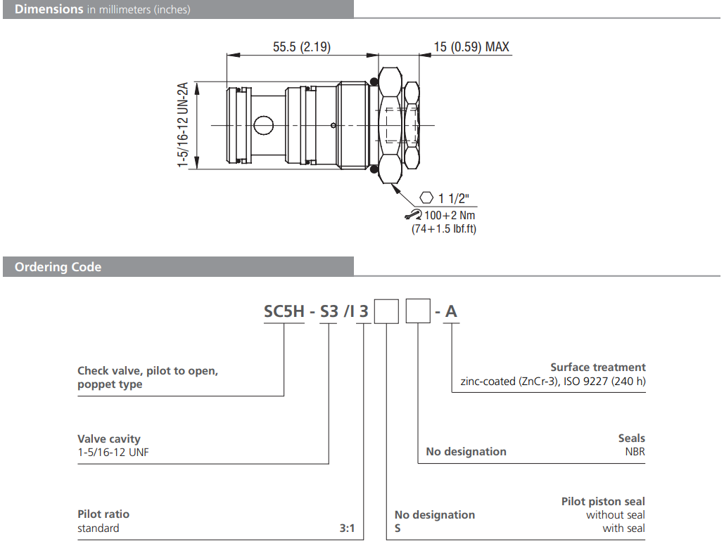 Zawór SC5H-S3/I, Pilot piston seal: S