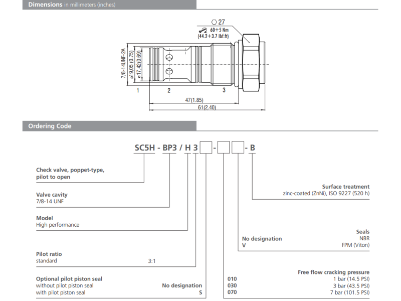 Zawór SC5H-BP3, Pilot piston seal: No designation, Seals: N