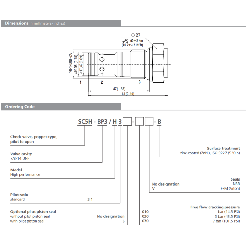 Zawór SC5H-BP3, Pilot piston seal: No designation, Seals: N