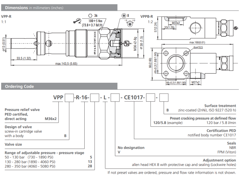 Zawór VPP-R-16-xx-L-CE1017, Seals: No designation, Range of adjustable pressure - pressure stage: 13