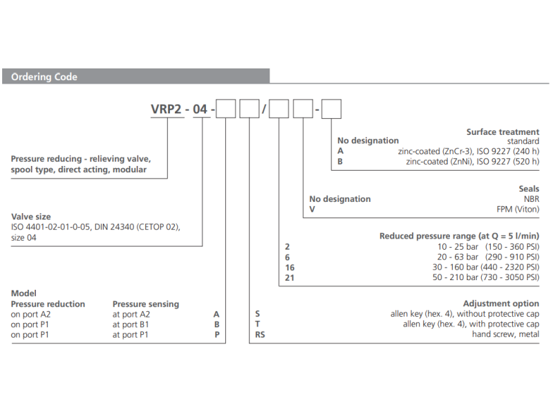 Zawór VRP2-04, Surface treatment: No designation, Seals: No designation, Adjustment option: T, Pressure range: 2, Model: A
