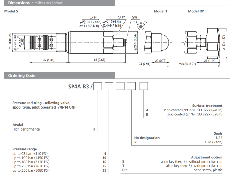 Zawór SP4A-B3, Surface treatment: A, Seals: No designation, Pressure range: 6, Adjustment option: T