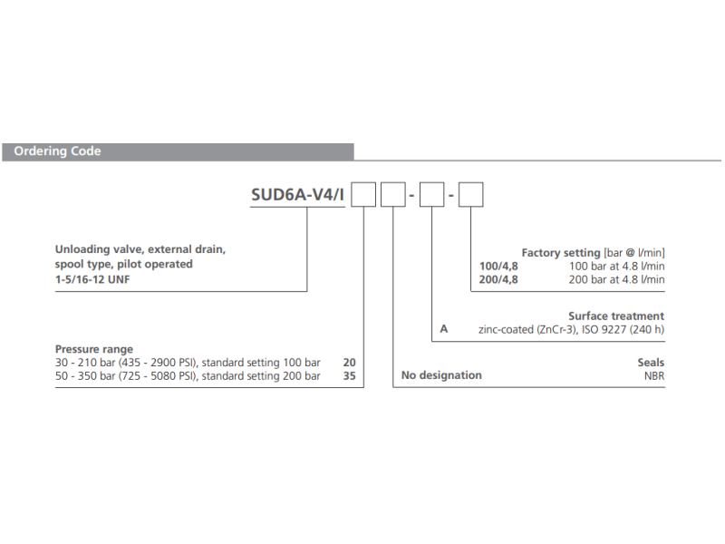 Zawór SUD6A-V4/I, Pressure range: 20, Factory setting: 200/