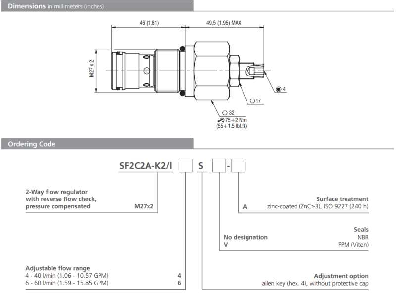 Zawór SF2C2A-K2/I, Seals: No designation, Adjustable flow r