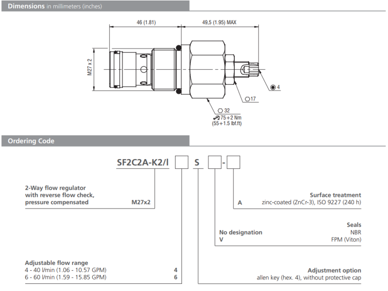 Zawór SF2C2A-K2/I, Seals: No designation, Adjustable flow range: 6