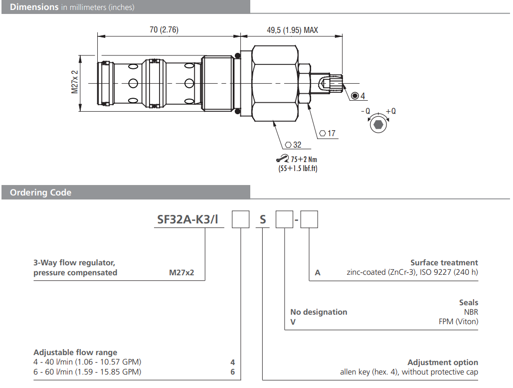 Zawór SF32A-K3/I, Seals: No designation, Adjustable flow ra