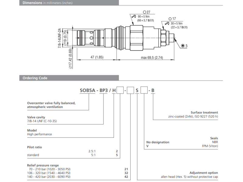 Zawór SOB5A-BP3, Seals: No designation, Pressure range: 21,