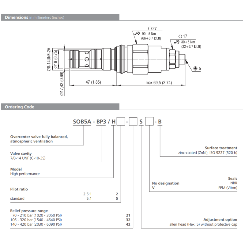 Zawór SOB5A-BP3, Seals: No designation, Pressure range: 21,