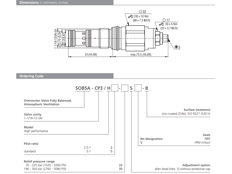 Zawór SOB5A-CP3, Seals: No designation, Pilot ratio: 5, Pre
