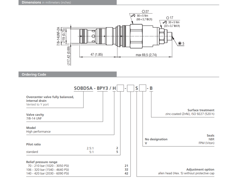 Zawór SOBD5A-BPY3, Seals: No designation, Pressure range: 2