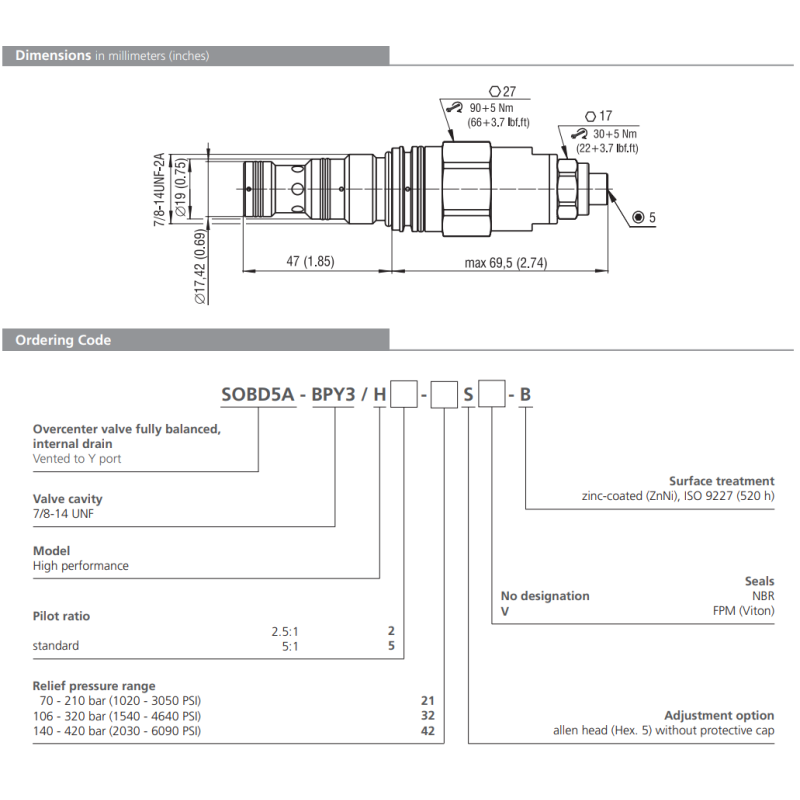 Zawór SOBD5A-BPY3, Seals: No designation, Pressure range: 2