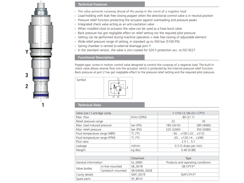 Zawór SOBD5A-CPY3, Seals: No designation, Pilot ratio: 5, P