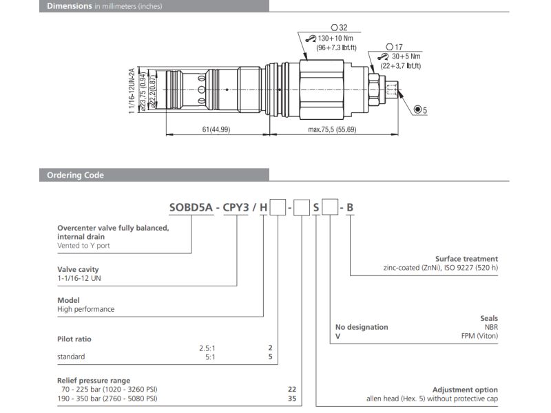 Zawór SOBD5A-CPY3, Seals: No designation, Pilot ratio: 5, P